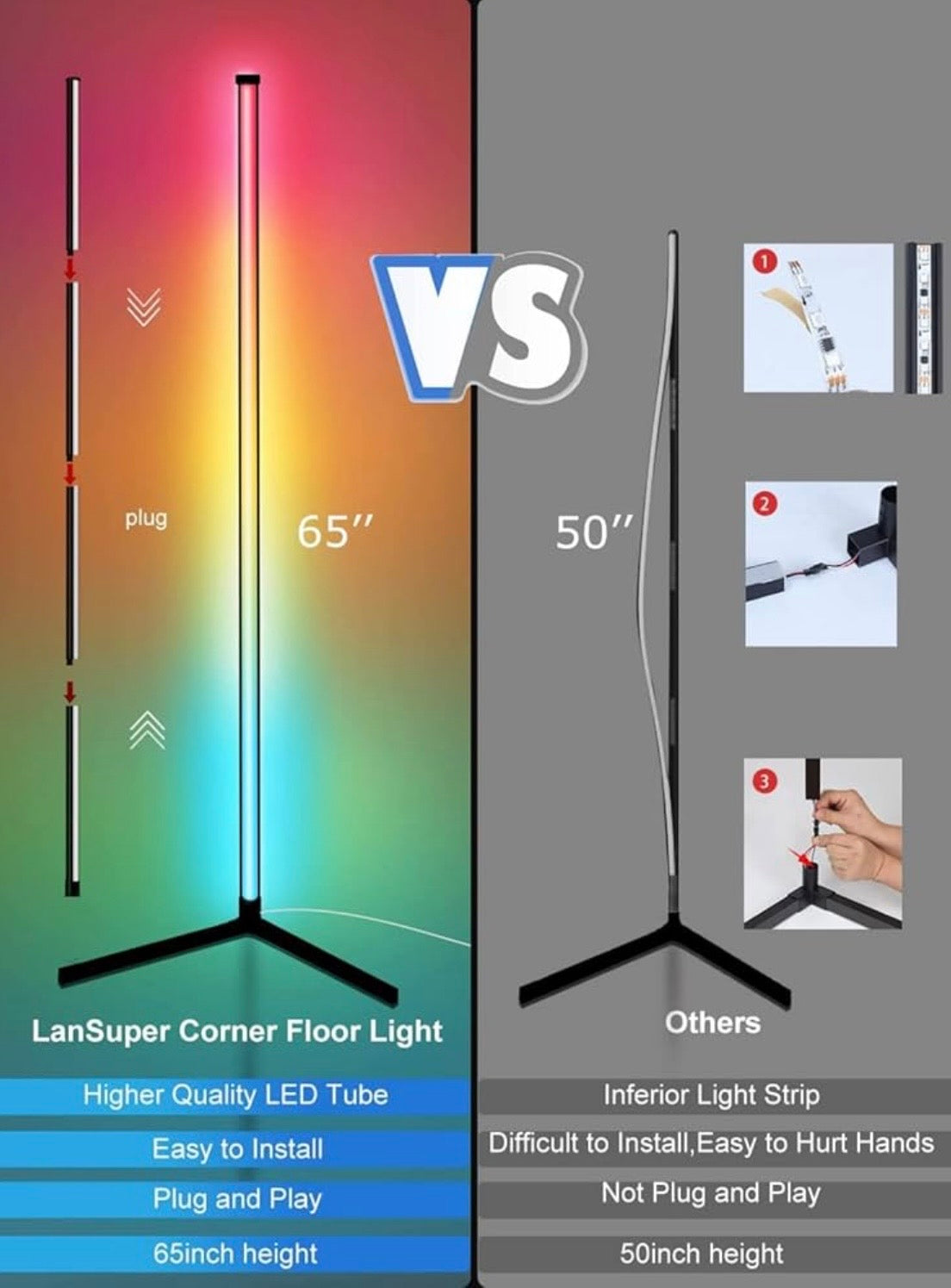 Lampadaire LED d'Angle RGB 160CM - Lumière Intelligente 16M Couleurs APP/Télécommande